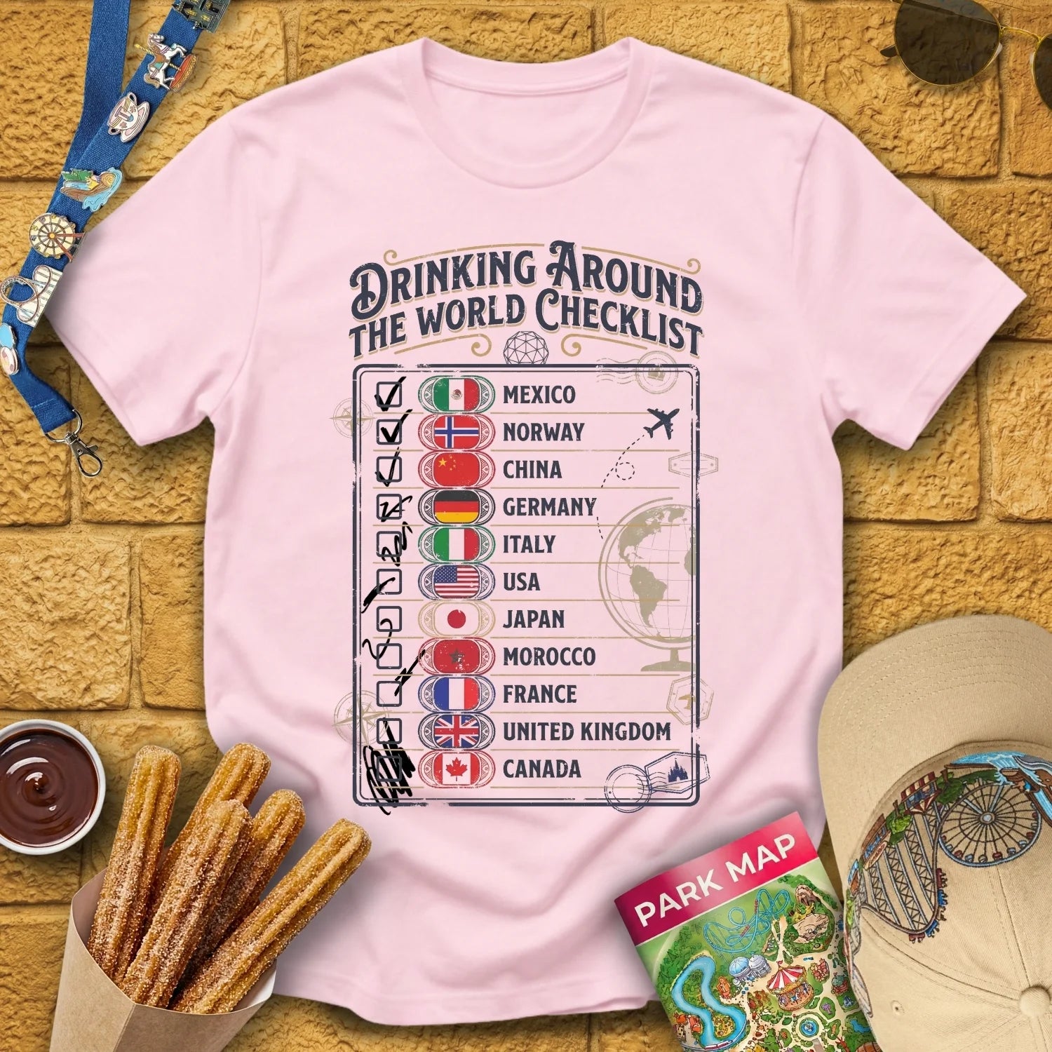 Drinking Checklist [Voyage] T-Shirt for Theme Park Fans (Light Pink)