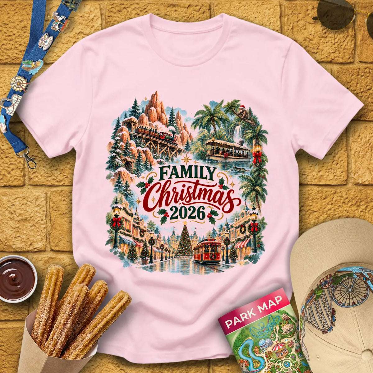 Family Christmas 2026 [Water] T-Shirt for Theme Park Fans (Light Pink)