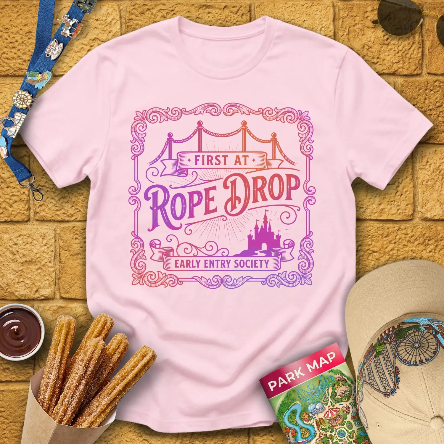 First At Rope Drop [Victorian] T-Shirt for Theme Park Fans (Light Pink)