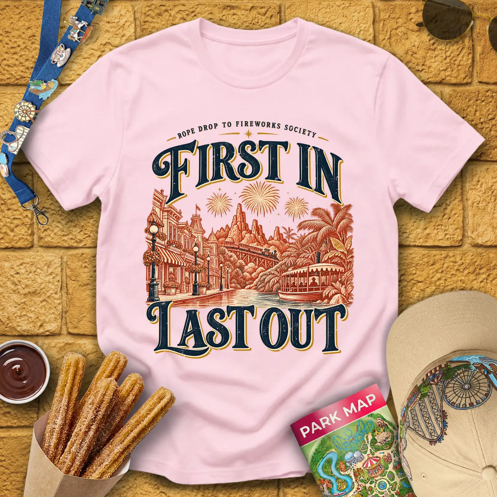 First In Last Out [Retro] T-Shirt for Theme Park Fans (Light Pink)