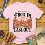 First In Last Out [Retro] T-Shirt for Theme Park Fans (Light Pink)