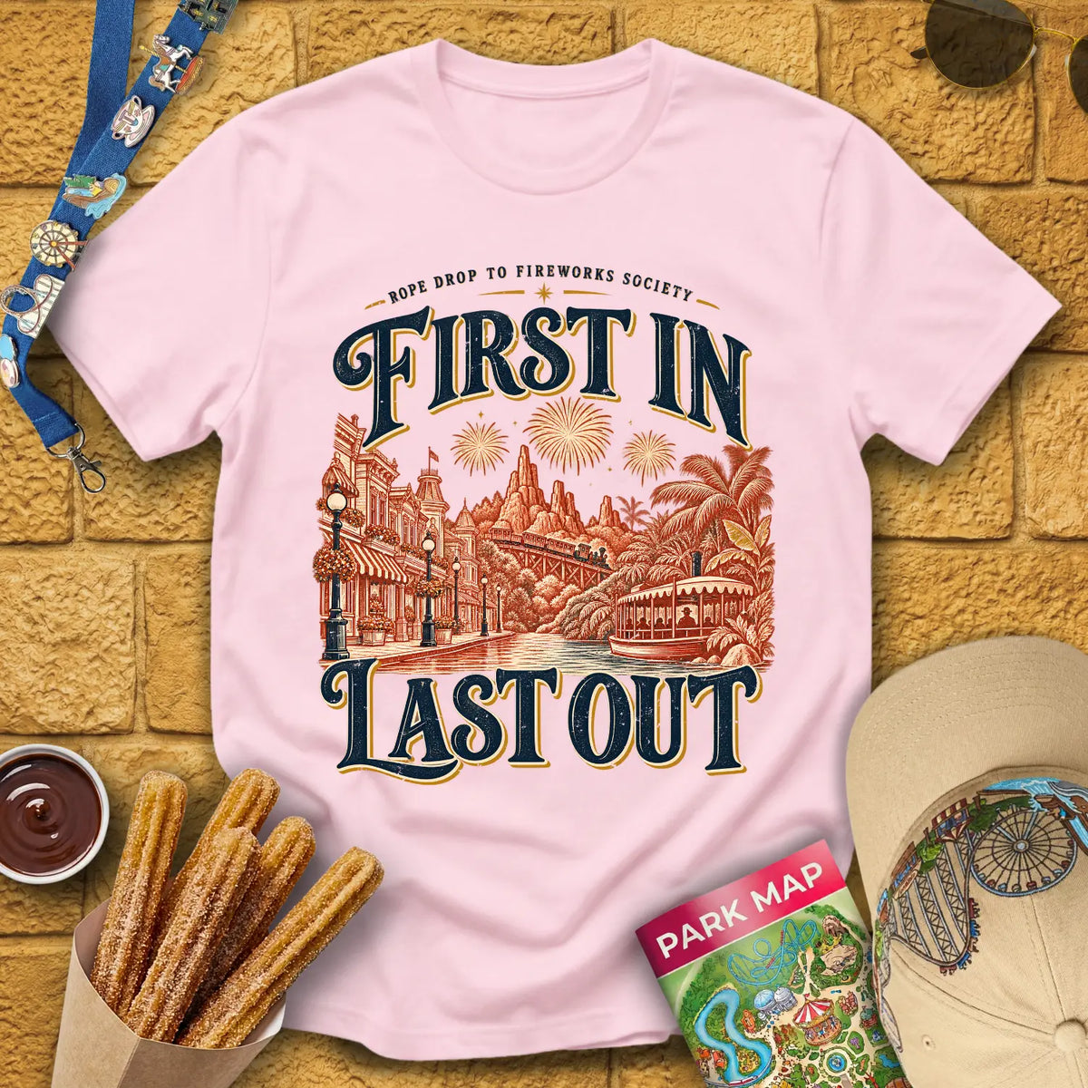 First In Last Out [Retro] T-Shirt for Theme Park Fans (Light Pink)