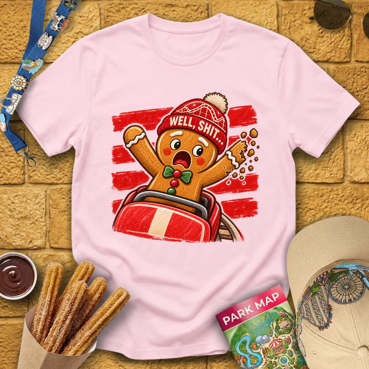 Gingerbread Man Fail [Striped] T-Shirt for Theme Park Fans (Light Pink)