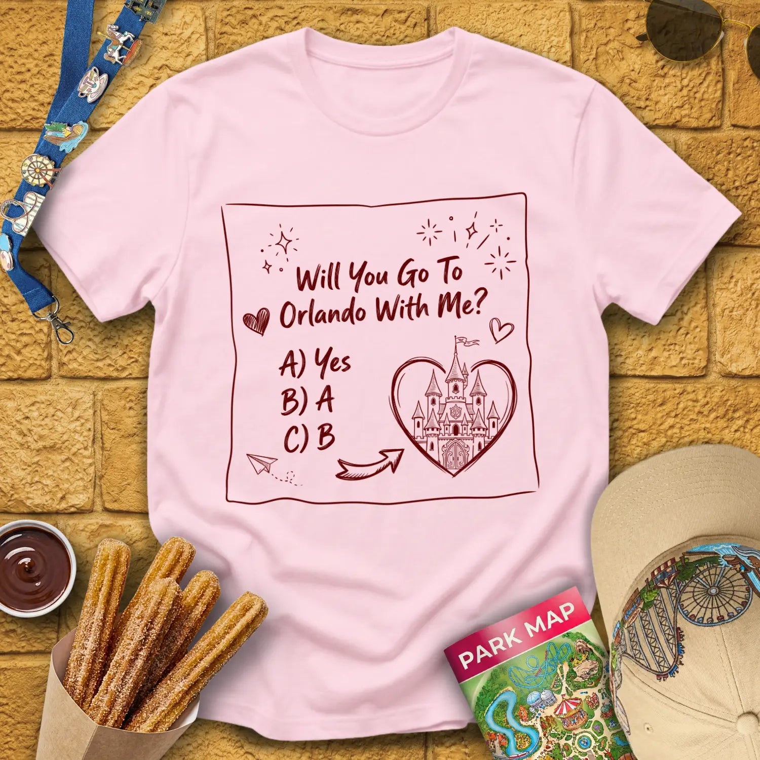 Go To Orlando [Doodle] T-Shirt for Theme Park Fans (Light Pink)