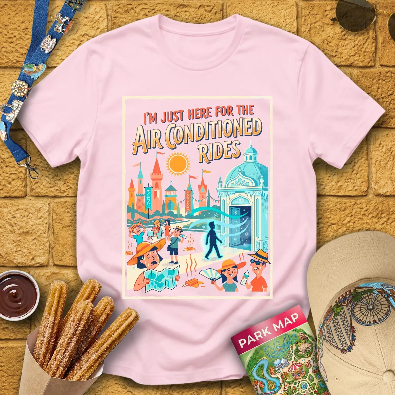 Here For AC Rides [RetroComic] T-Shirt for Theme Park Fans (Light Pink)