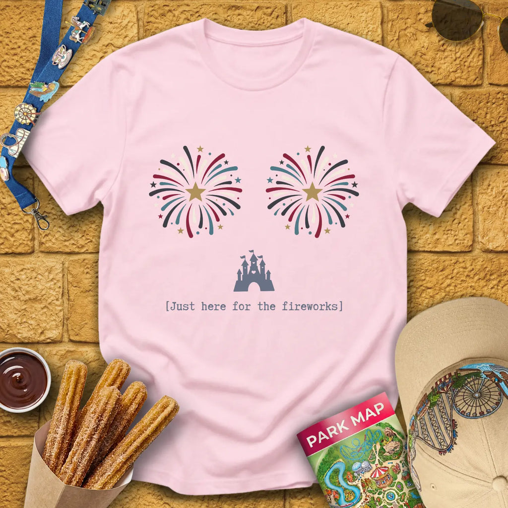 Here For Fireworks [Girly] T-Shirt for Theme Park Fans (Light Pink)