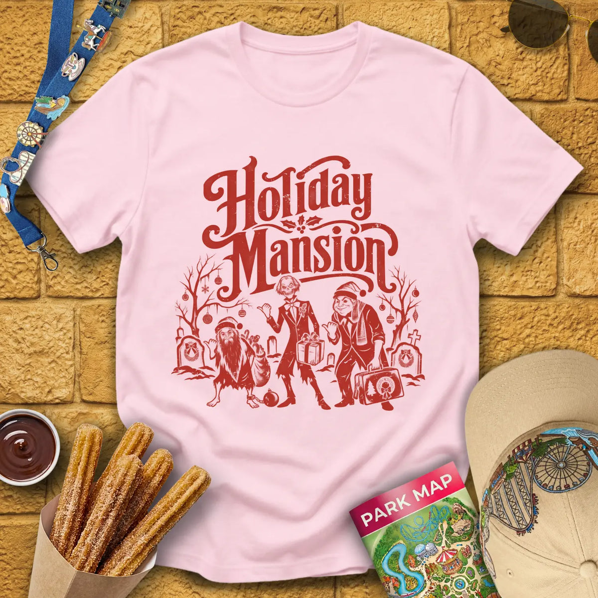 Holiday Mansion Ghosts [Retro] T-Shirt for Theme Park Fans (Light Pink)