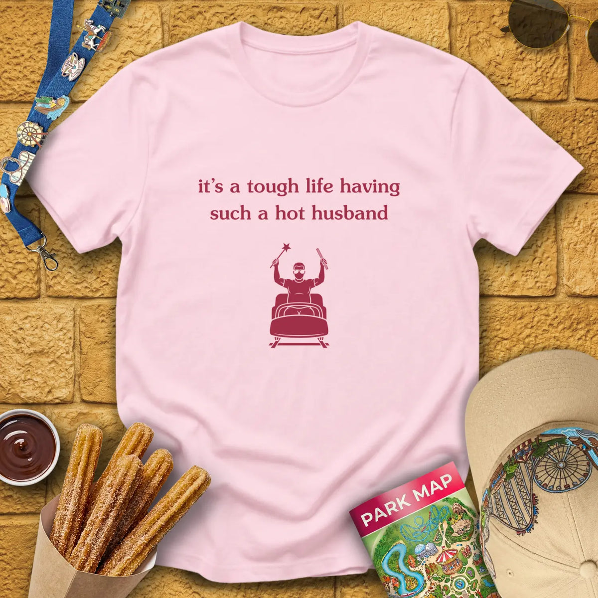 Hot Husband [Sleek] T-Shirt for Theme Park Fans (Light Pink)