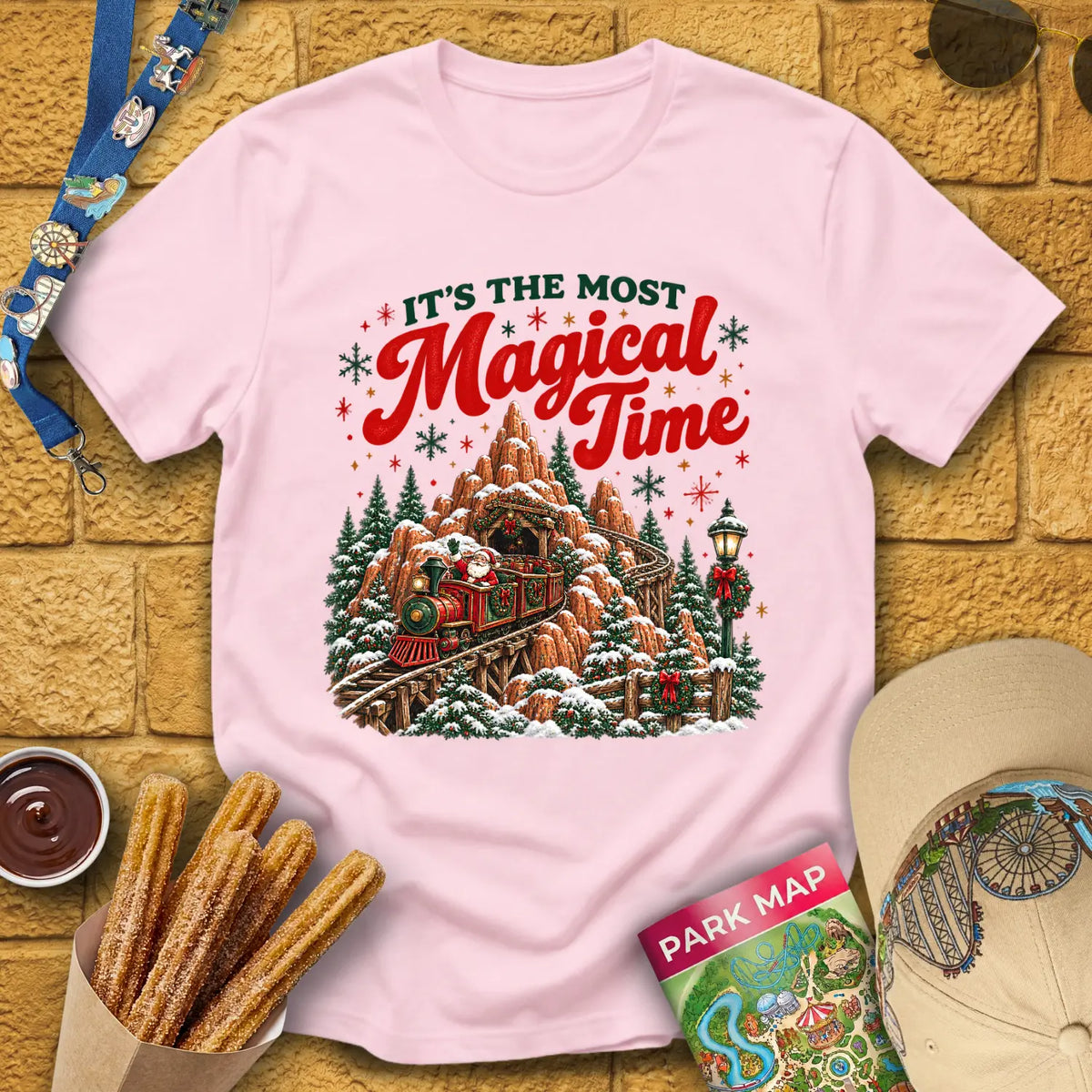Magical Time Train [Retro] T-Shirt for Theme Park Fans (Light Pink)