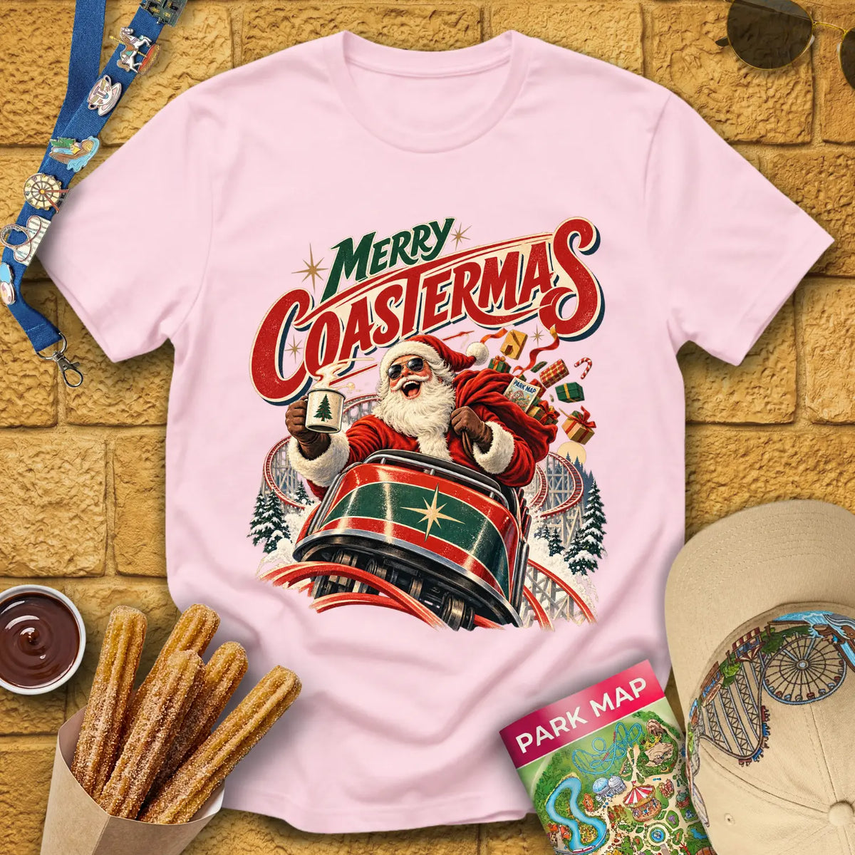 Merry Coastermas [50s] T-Shirt for Theme Park Fans (Light Pink)