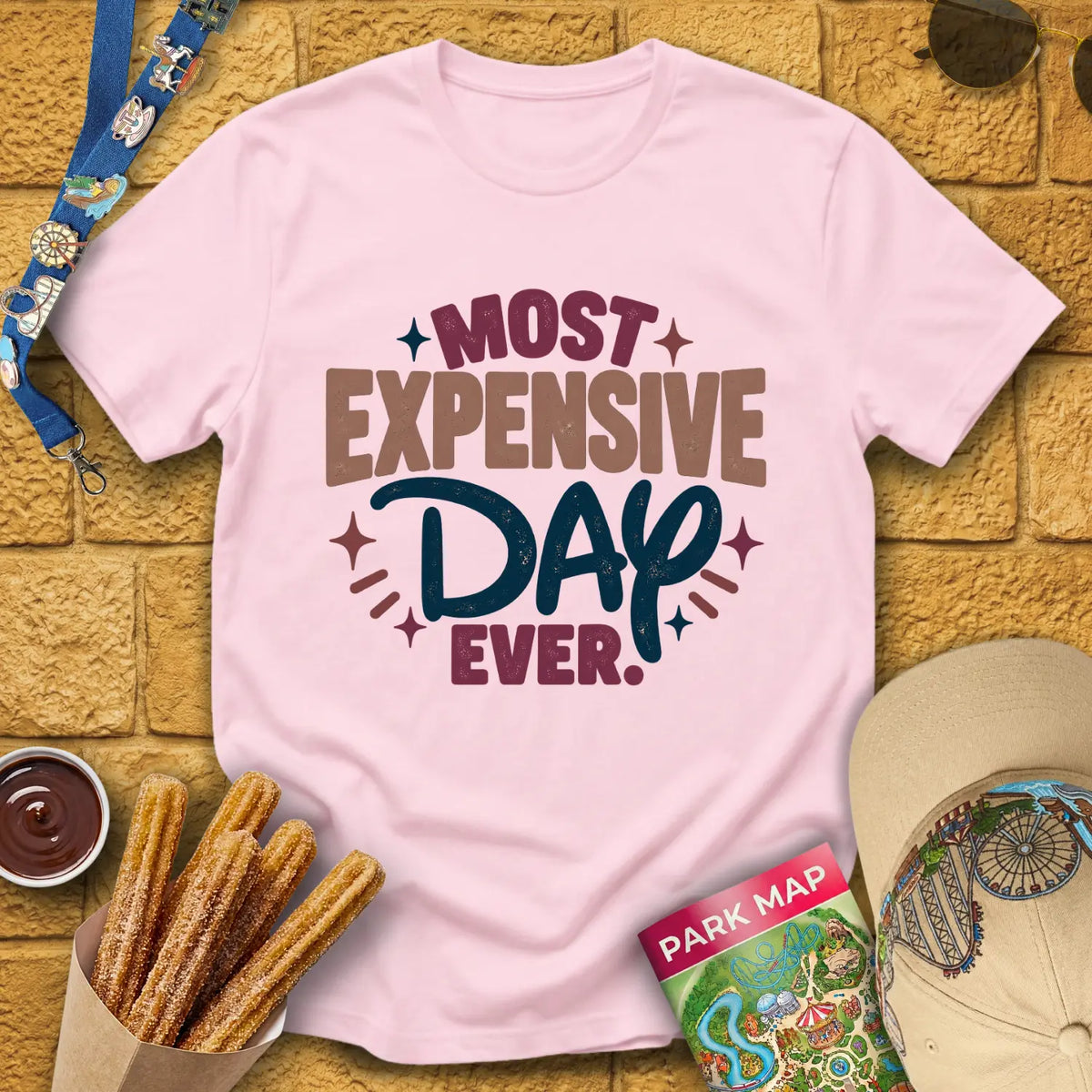 Most Expensive Day [Bold] T-Shirt for Theme Park Fans (Light Pink)