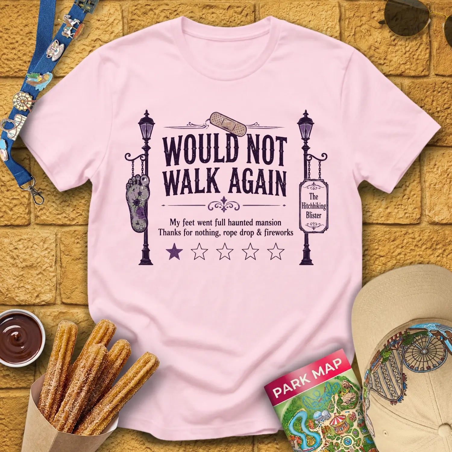 Not Walk Again [Haunted] T-Shirt for Theme Park Fans (Light Pink)