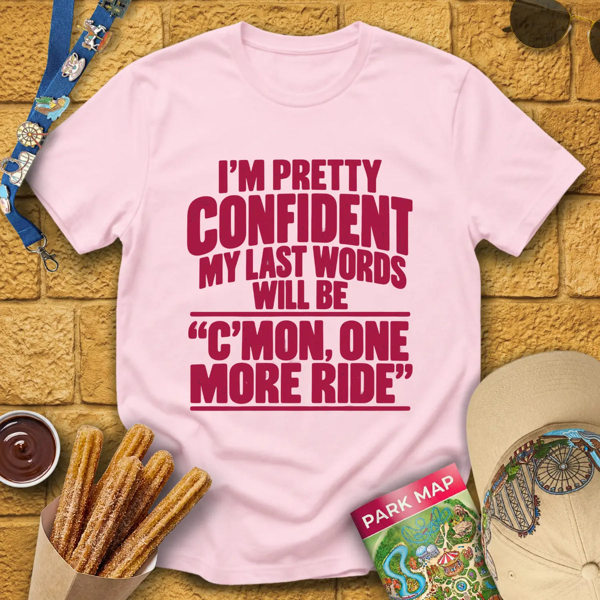 One More Ride [Bold] T-Shirt for Theme Park Fans (Light Pink)