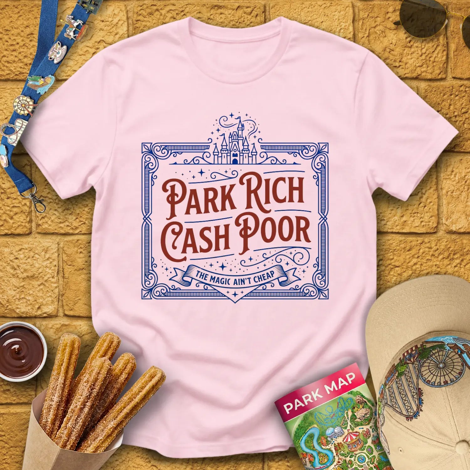 Park Rich Cash Poor [Victorian] T-Shirt for Theme Park Fans (Light Pink)