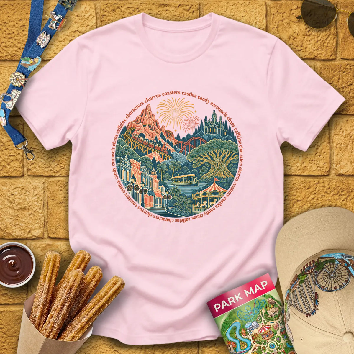 Parklandia [LineArt] T-Shirt for Theme Park Fans (Light Pink)