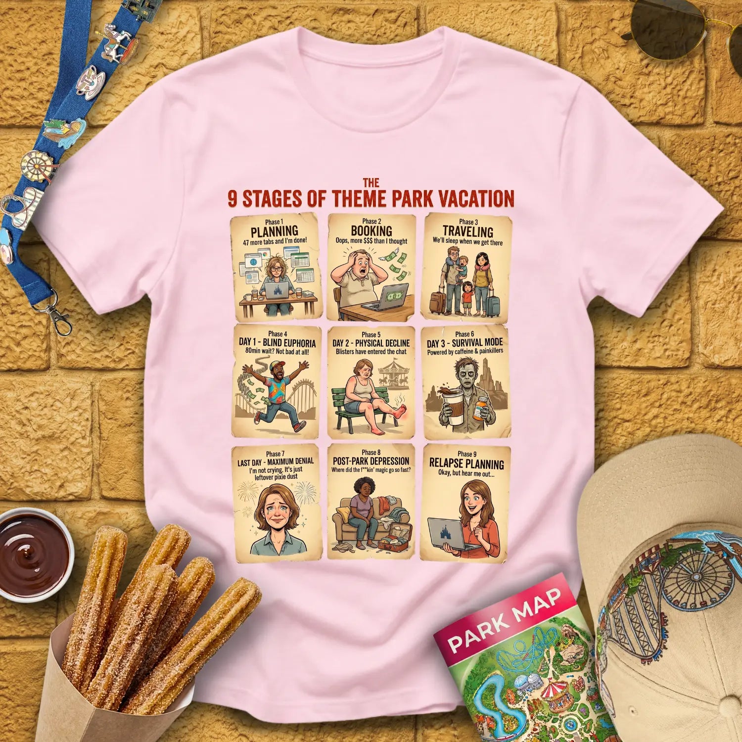 Planning Phases [Vintage] T-Shirt for Theme Park Fans (Light Pink)