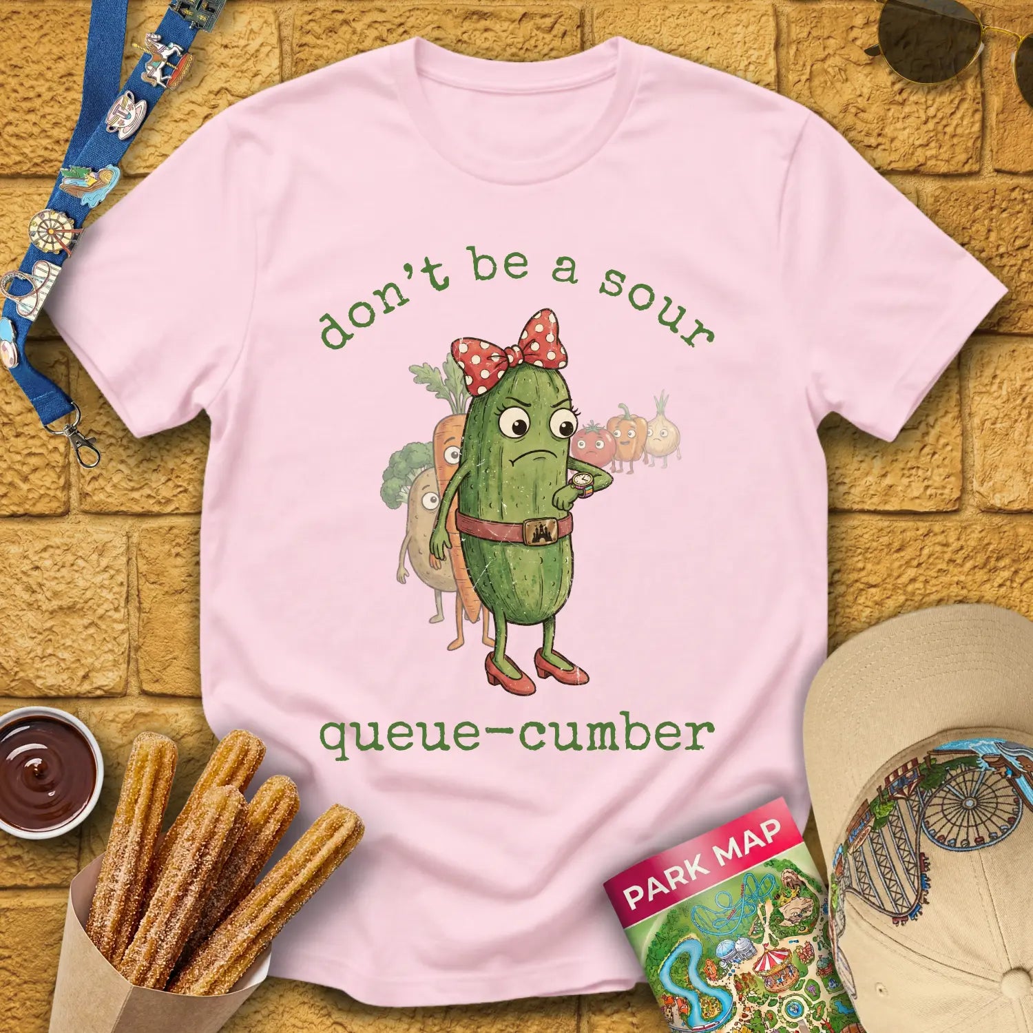Queue-Cumber [InkPen] T-Shirt for Theme Park Fans (Light Pink)