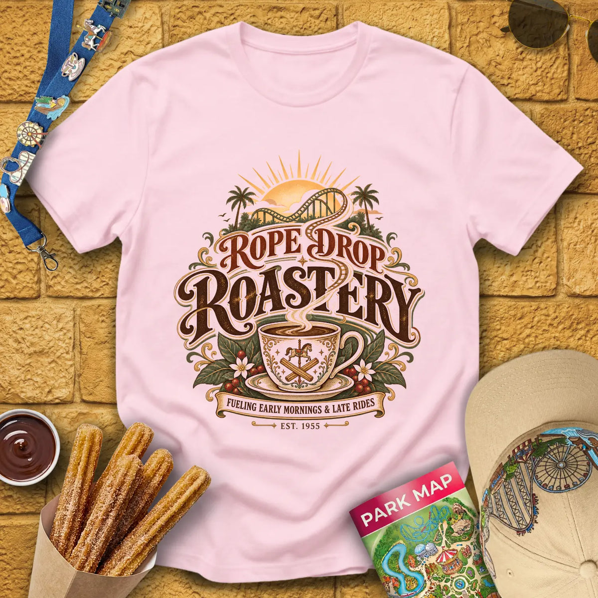Rope Drop Roastery [Vintage] T-Shirt for Theme Park Fans (Light Pink)