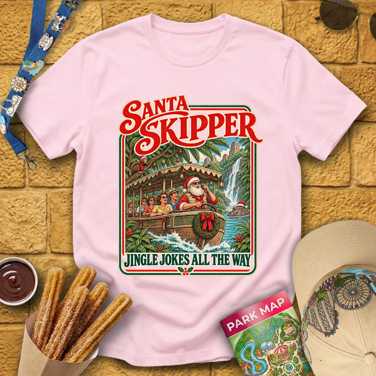 Santa Skipper [Poster] T-Shirt for Theme Park Fans (Light Pink)