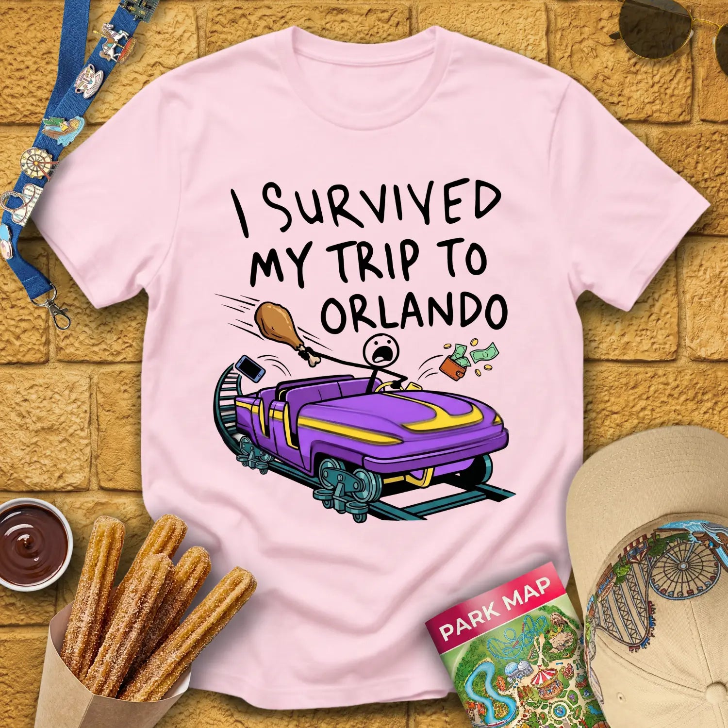 Survived Orlando Trip [VecComic] T-Shirt for Theme Park Fans (Light Pink)