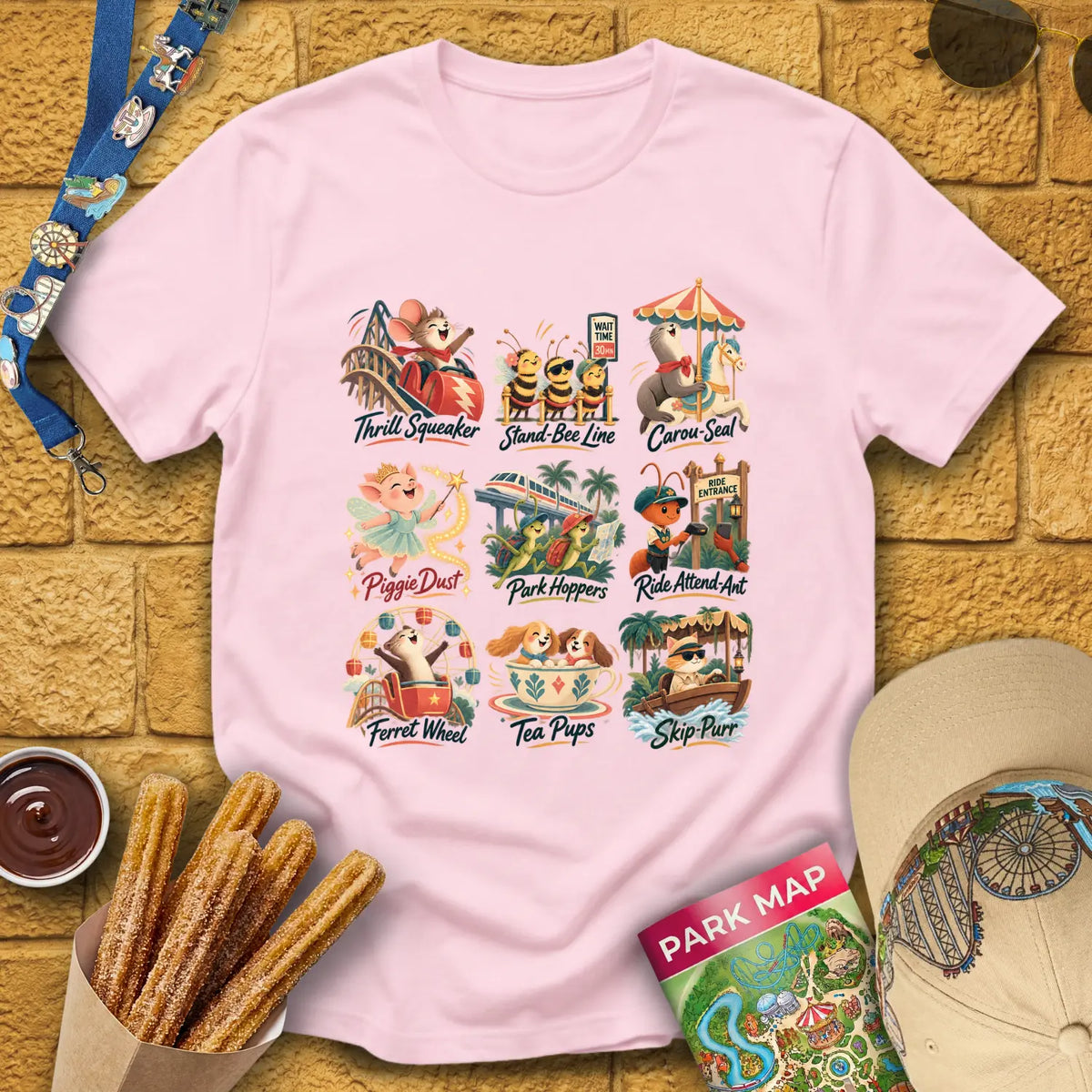Theme Park Critters [Artsy] T-Shirt for Theme Park Fans (Light Pink)