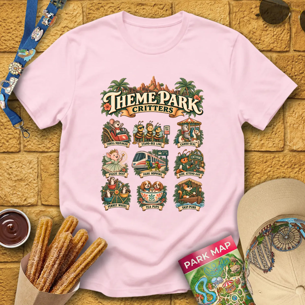 Theme Park Critters [Boho] T-Shirt for Theme Park Fans (Light Pink)