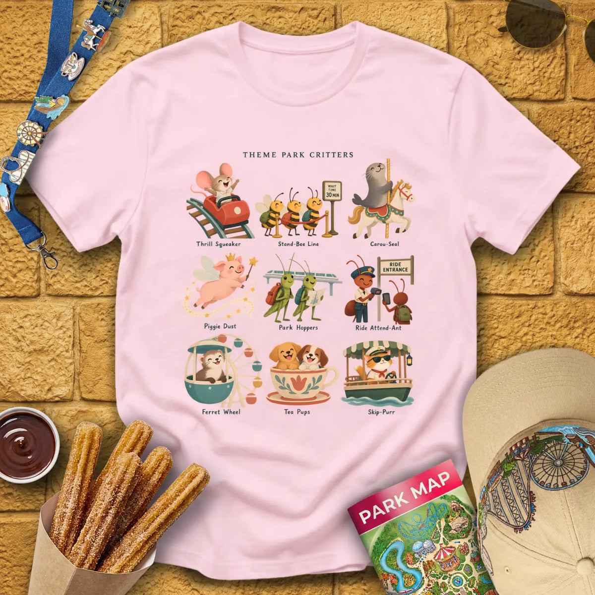 Theme Park Critters [SleekStory] T-Shirt for Theme Park Fans (Light Pink)
