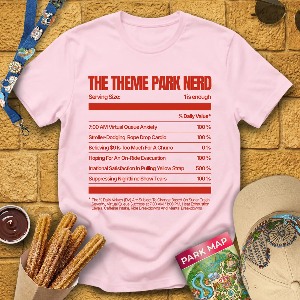Theme Park Nerd Facts [Nutrition] T-Shirt for Theme Park Fans (Light Pink)