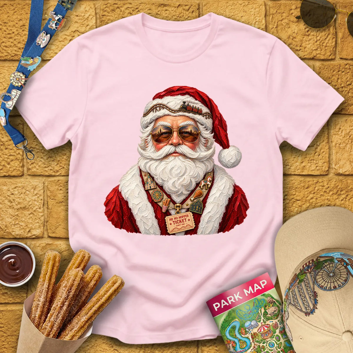 Theme Park Santa [Impasto] T-Shirt for Theme Park Fans (Light Pink)