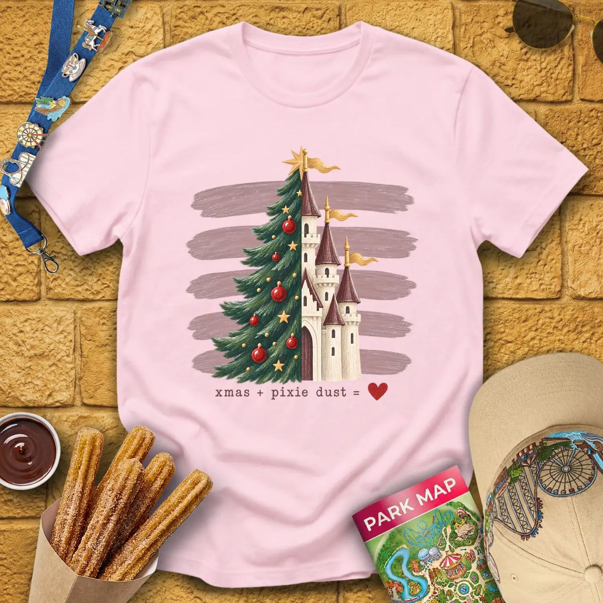 Tree & Castle [Rustic] T-Shirt for Theme Park Fans (Light Pink)