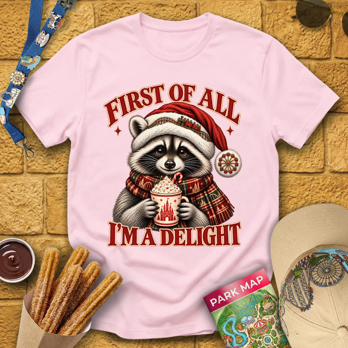 Xmas Raccoon [Etched] T-Shirt for Theme Park Fans (Light Pink)