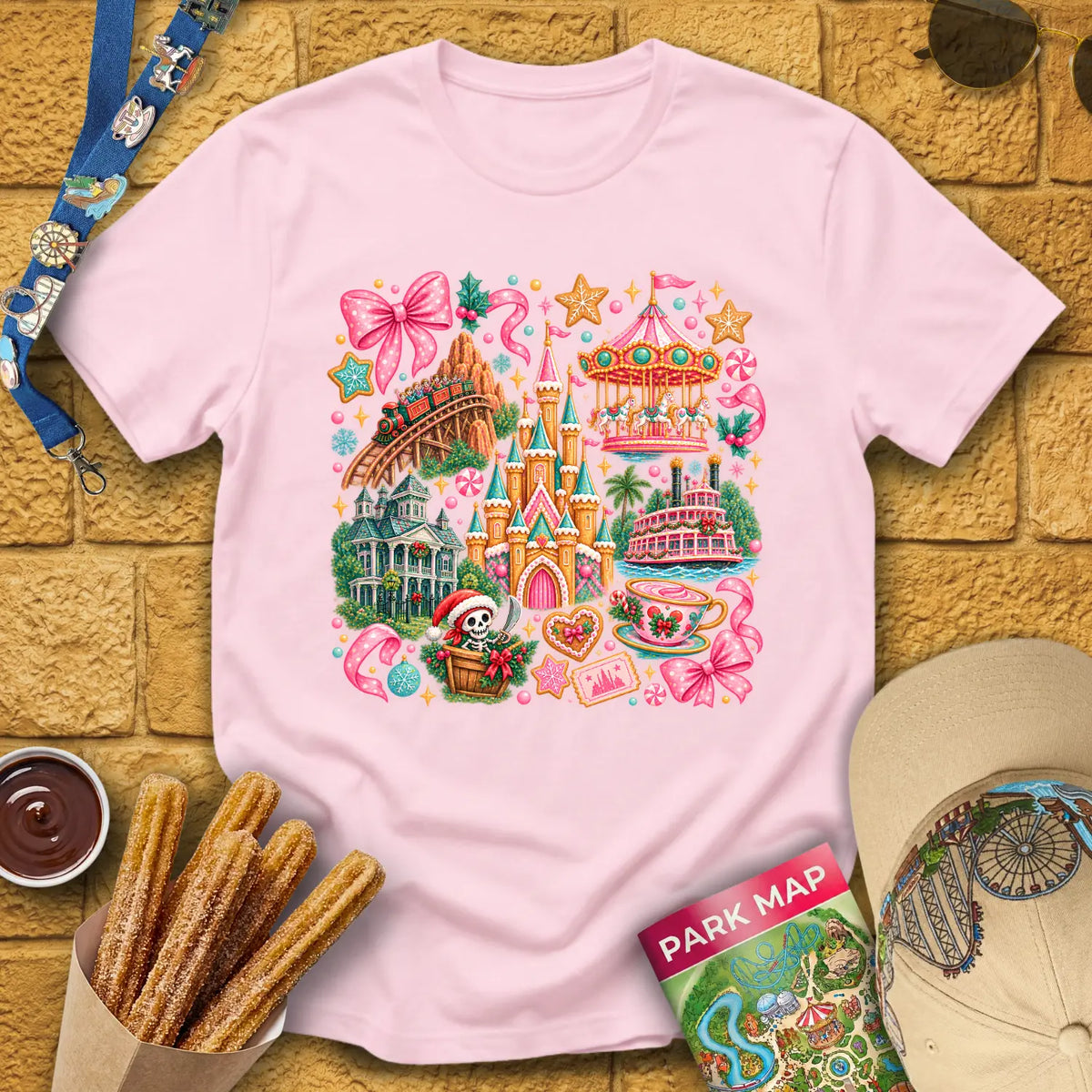 Xmas Theme Park [Cutesy] T-Shirt for Theme Park Fans (Light Pink)