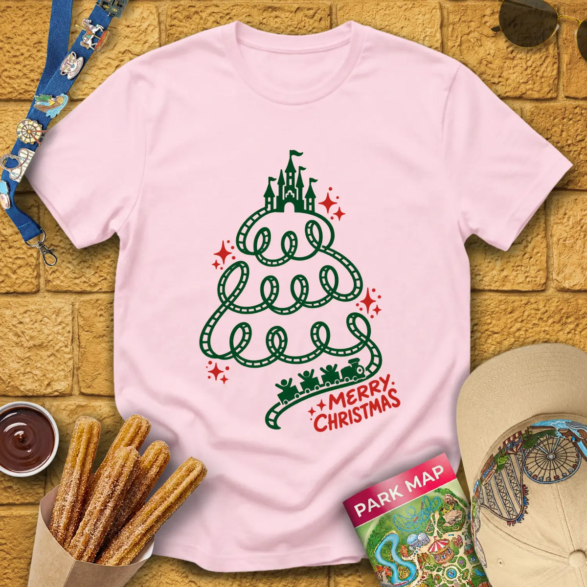 Xmas Train Tree [Monoline] T-Shirt for Theme Park Fans (Light Pink)