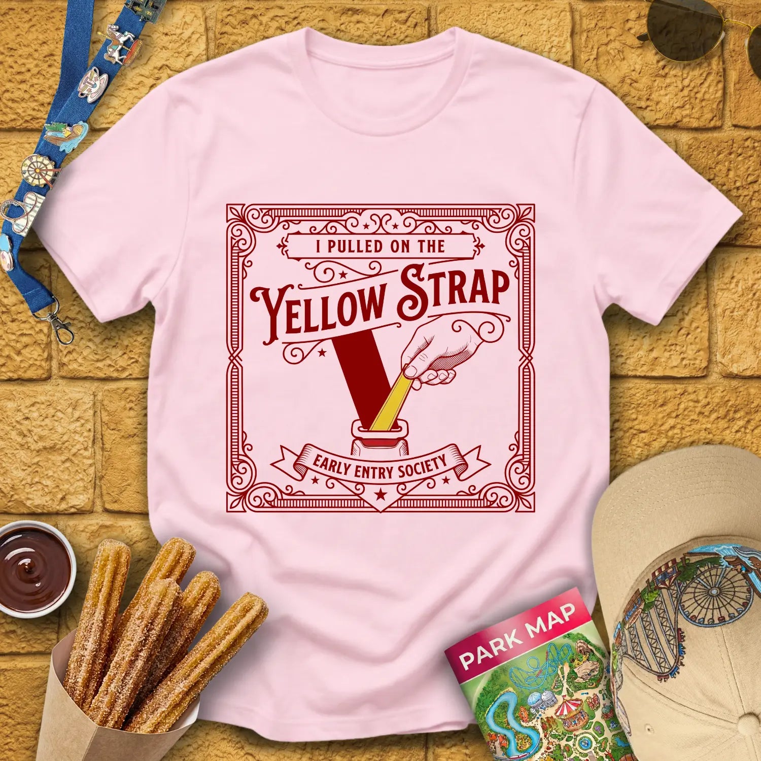 Yellow Strap [Victorian] T-Shirt for Theme Park Fans (Light Pink)