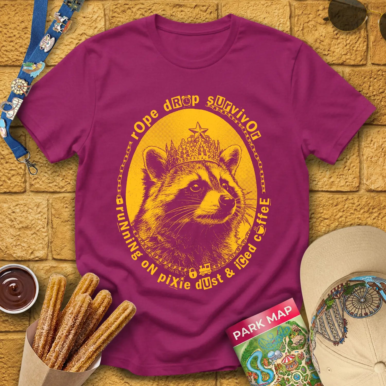 Rope Drop Raccoon [Grunge] T-Shirt for Theme Park Fans (Antique Heliconia)