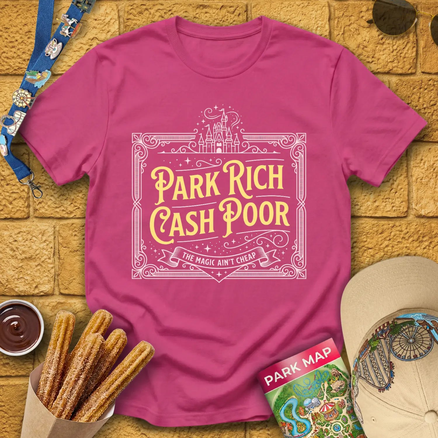 Park Rich Cash Poor [Victorian] T-Shirt for Theme Park Fans (Heliconia)