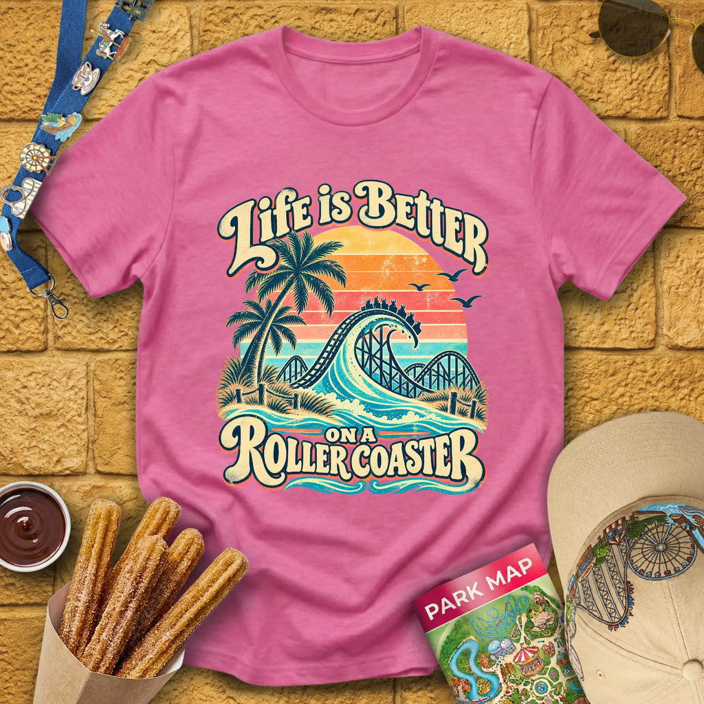 Life's Better On Coaster [Surfer] T-Shirt for Theme Park Fans (Heather Heliconia)
