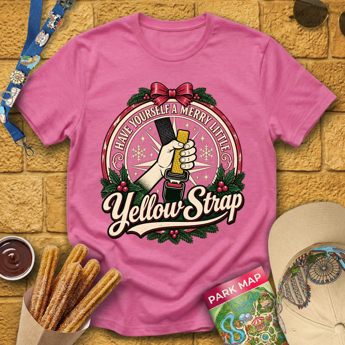 Merry Yellow Strap [Badge] T-Shirt for Theme Park Fans (Heather Heliconia)