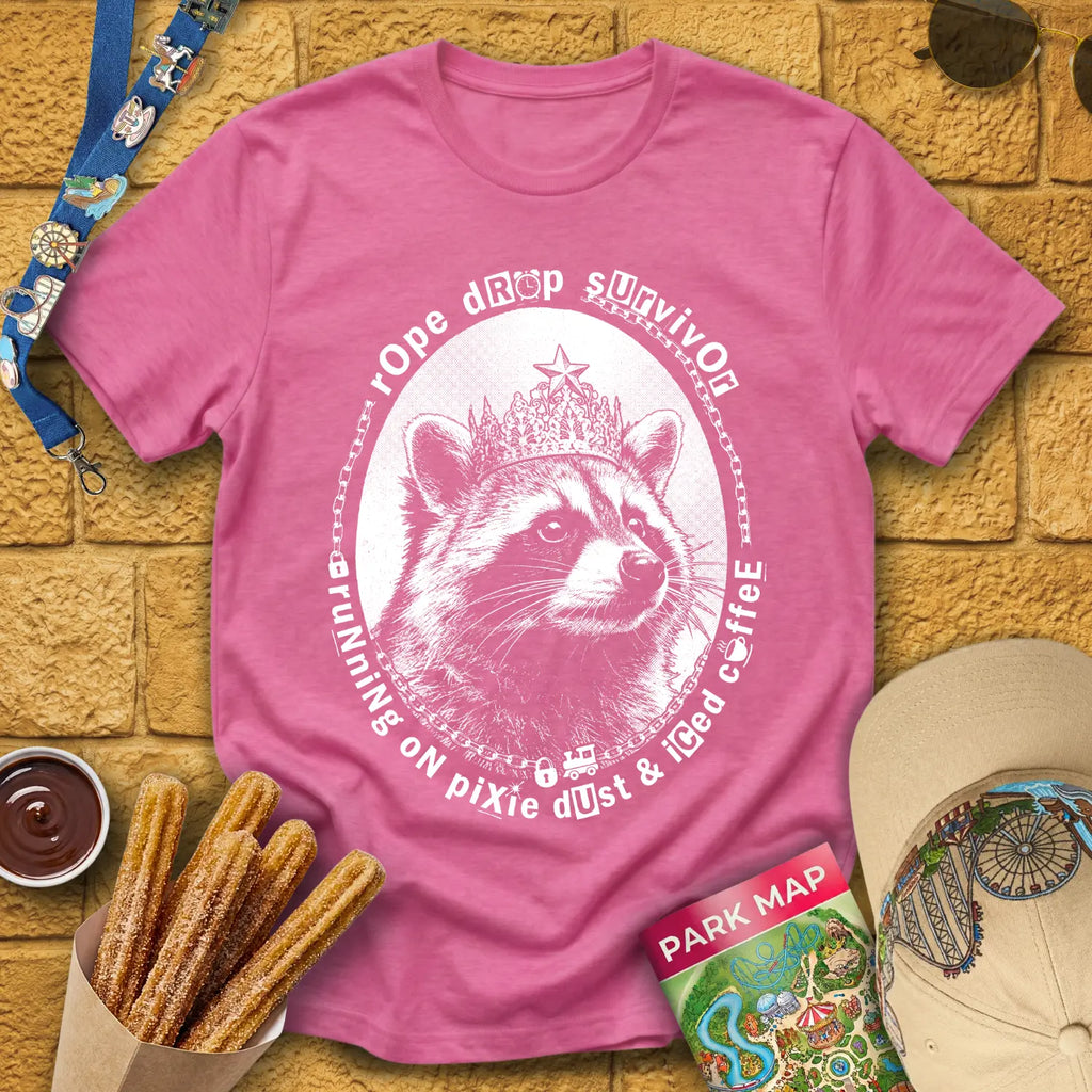 Rope Drop Raccoon [Grunge] T-Shirt for Theme Park Fans (Heather Heliconia)