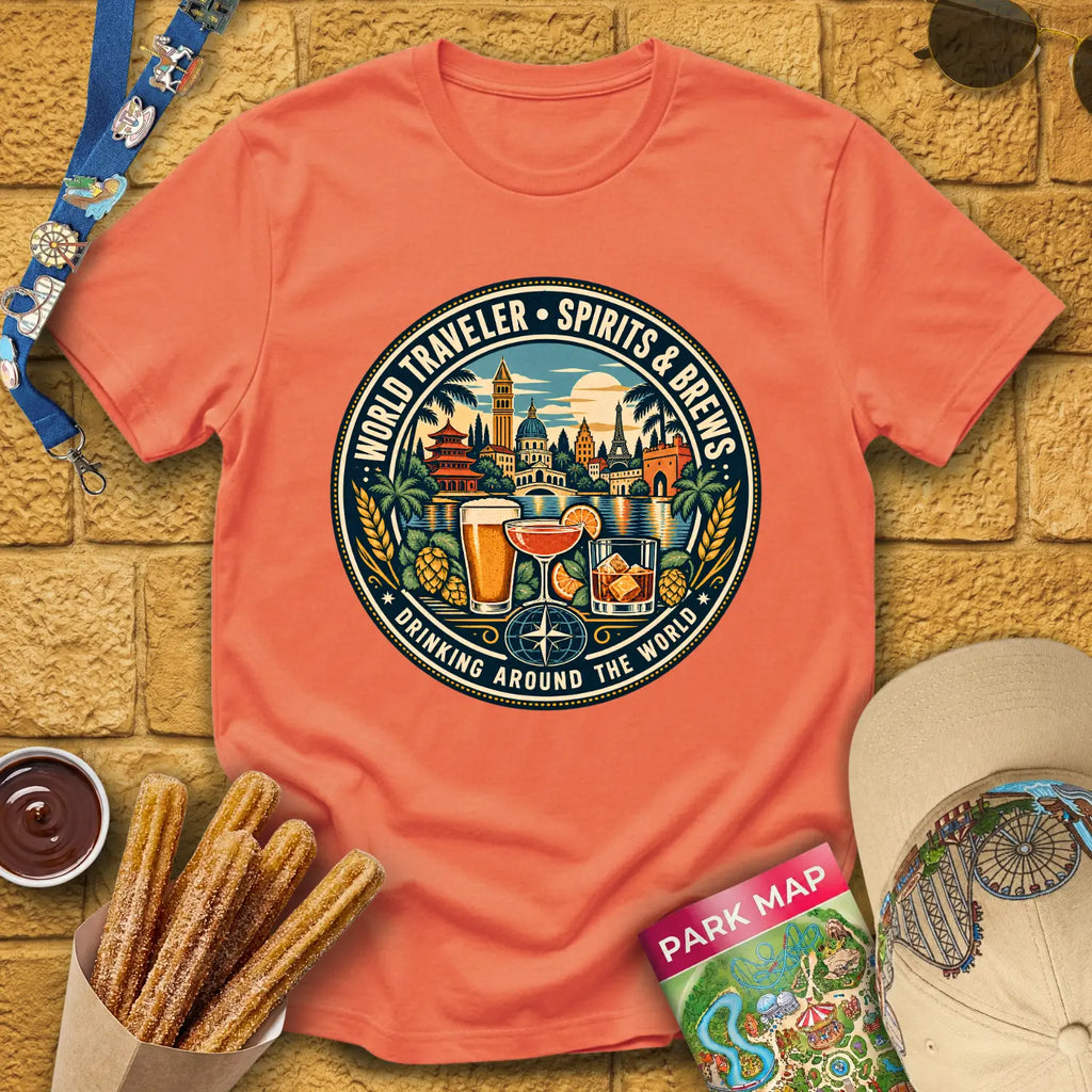 Drinking Around The World [Retro] T-Shirt for Theme Park Fans (Heather Orange)