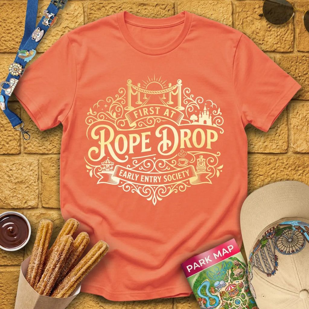 First At Rope Drop [VictorianBadge] T-Shirt for Theme Park Fans (Heather Orange)