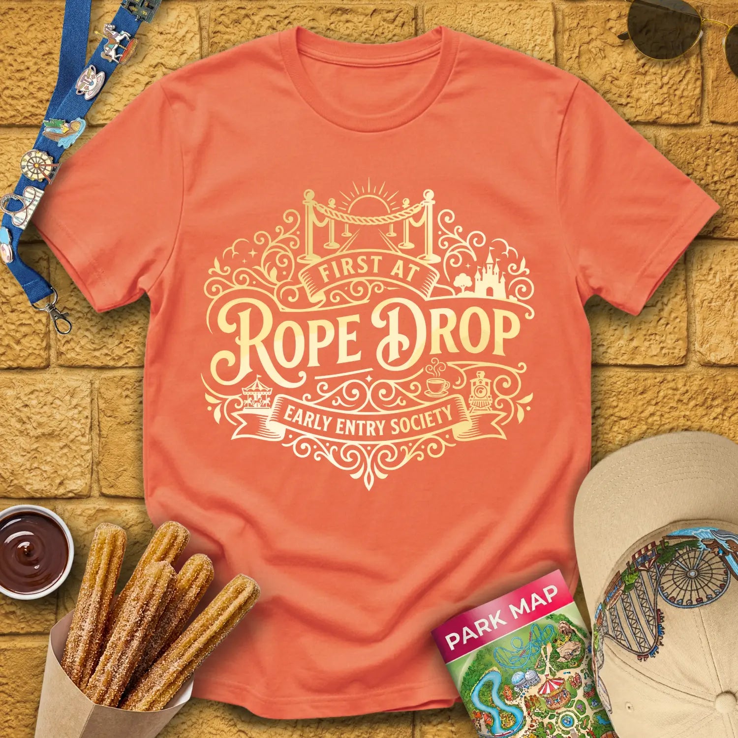 First At Rope Drop [VictorianBadge] T-Shirt for Theme Park Fans (Heather Orange)