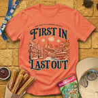 First In Last Out [Retro] T-Shirt for Theme Park Fans (Heather Orange)