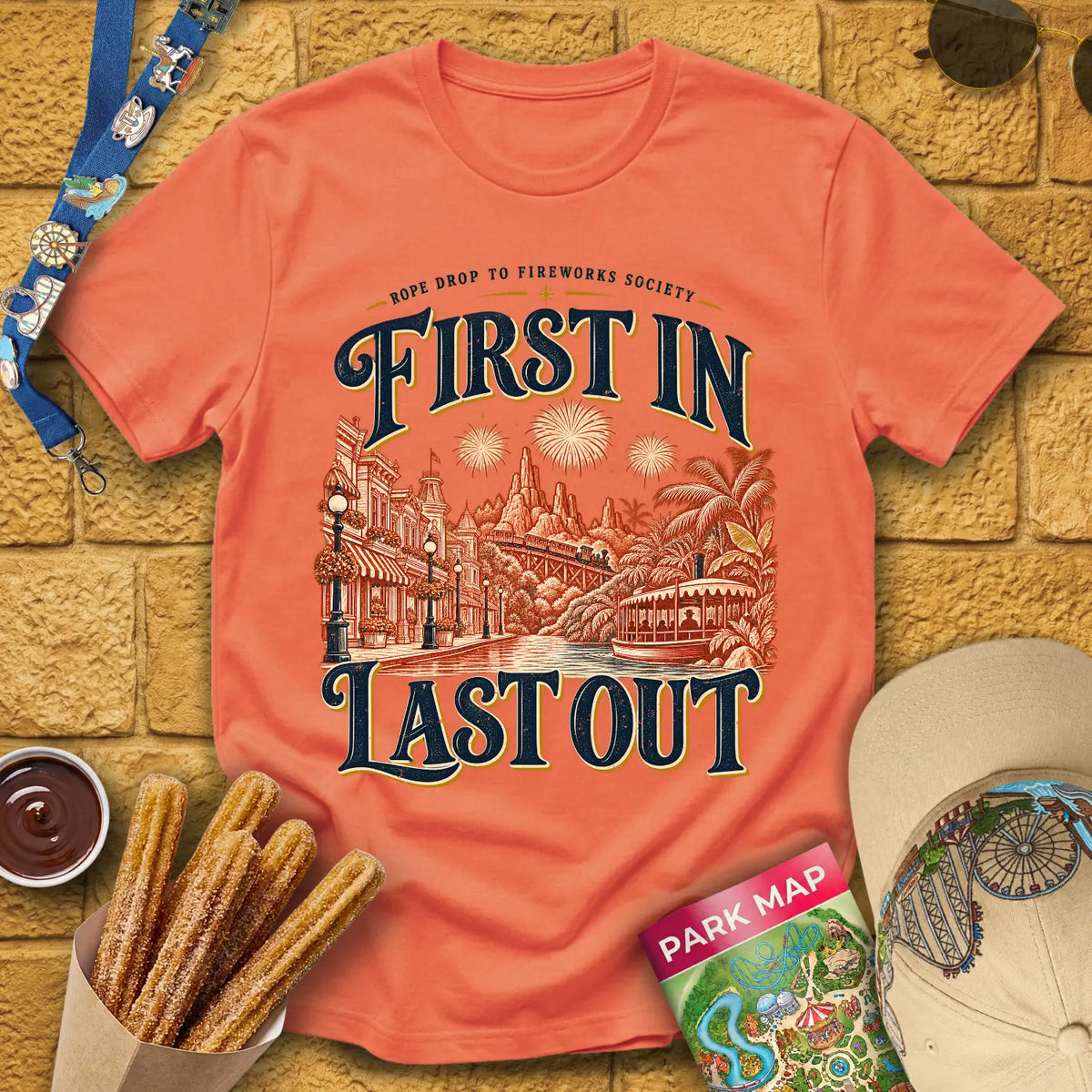 First In Last Out [Retro] T-Shirt for Theme Park Fans (Heather Orange)