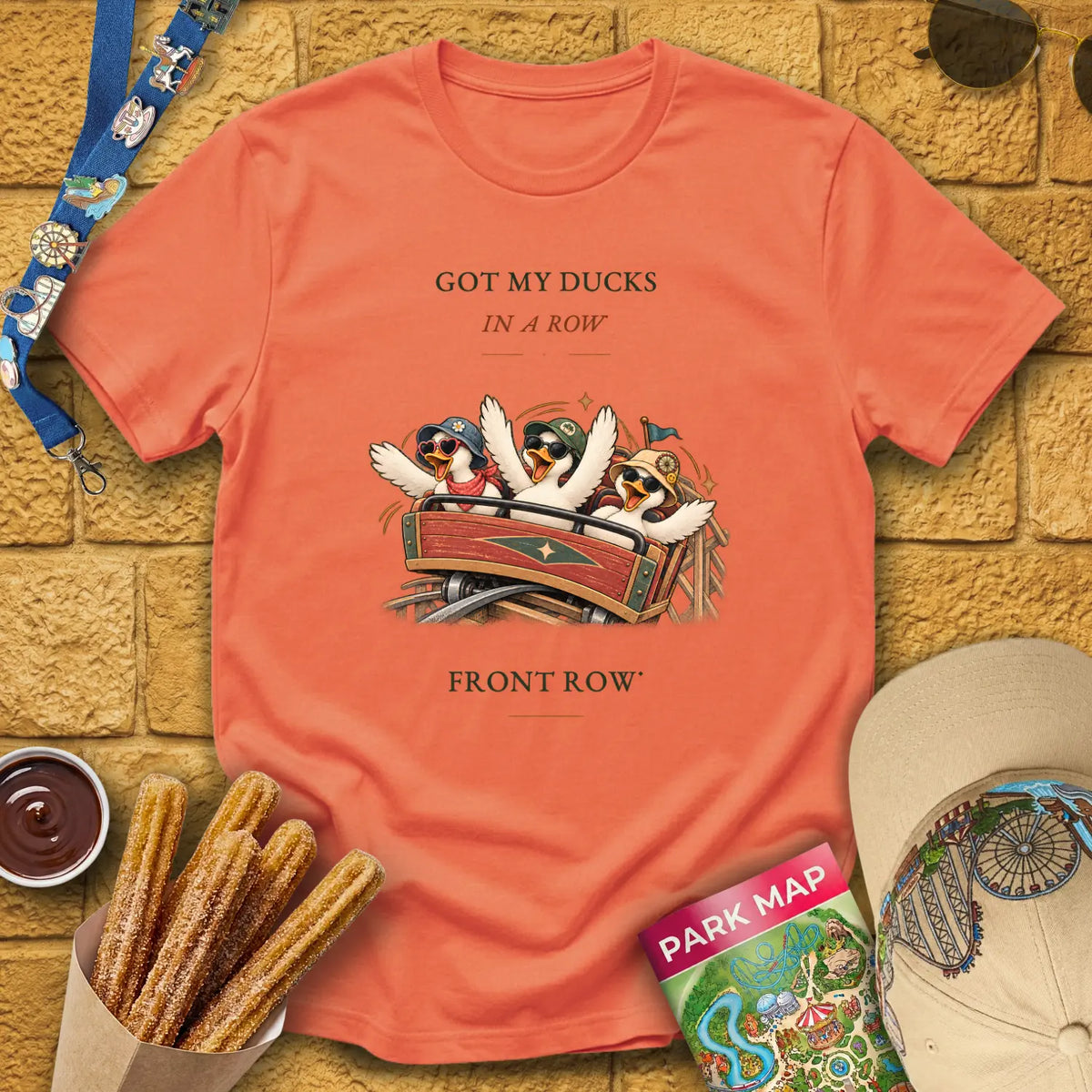 Front Row Ducks [RetroWhim] T-Shirt for Theme Park Fans (Heather Orange)