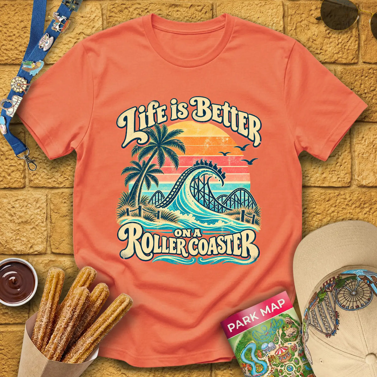 Life's Better On Coaster [Surfer] T-Shirt for Theme Park Fans (Heather Orange)