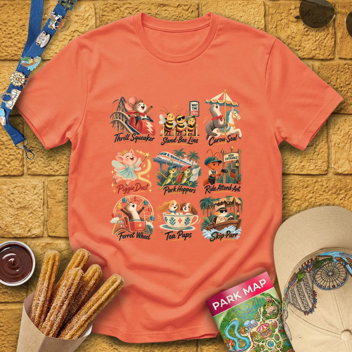 Theme Park Critters [Artsy] T-Shirt for Theme Park Fans (Heather Orange)