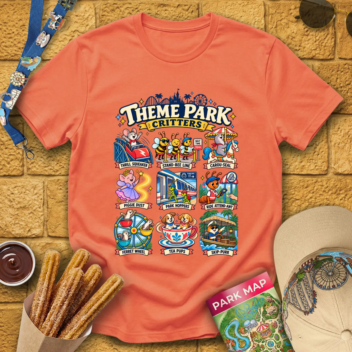 Theme Park Critters [Comic] T-Shirt for Theme Park Fans (Heather Orange)