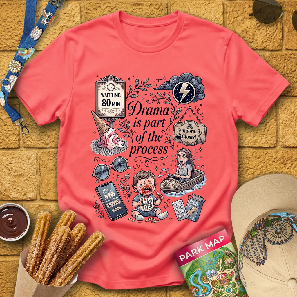 Drama Process [ArtComic] T-Shirt for Theme Park Fans (Coral Silk)