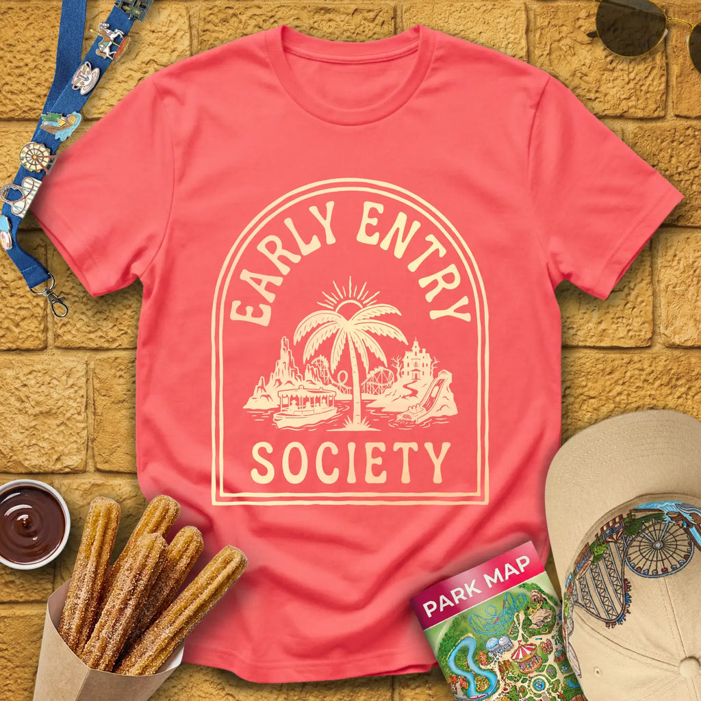 Early Entry Society [Tropic] T-Shirt for Theme Park Fans (Coral Silk)